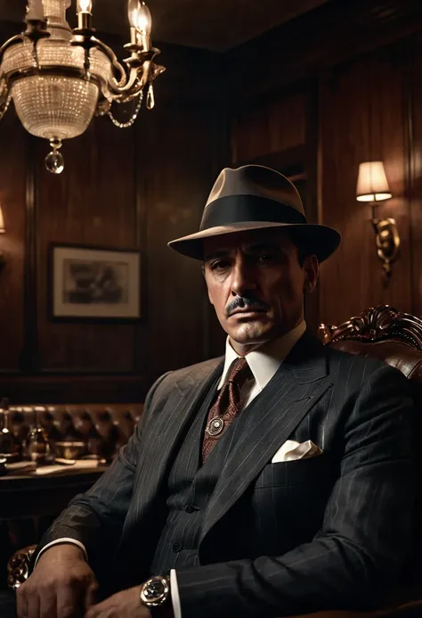 a 1930s American mafia boss, cigar in mouth, sitting in a dimly lit room, (best quality,4k,8k,highres,masterpiece:1.2),ultra-detailed,(realistic,photorealistic,photo-realistic:1.37),dramatic lighting,chiaroscuro,moody atmosphere,cinematic composition,detai...