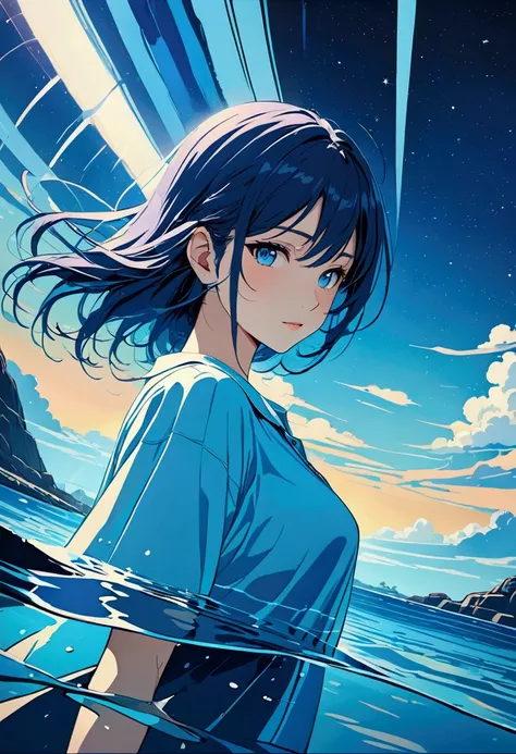 score_9, score_8_upper, score_7_upper,Train running on water,beautiful青い水面,(((Side Angle))),Angle from a distance,(((Blue Art Style))),summer,horizontal line,Starry Sky,Streaks of Light,(masterpiece, Highest quality, Highest quality, Official Art, beautifu...