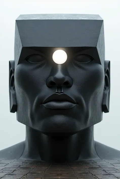 Make a sculpture of a square black robot head, with 1 white eye in the middle, futuristic, in the style of the Olmec Head, Colossal, HD, great detail, from the front