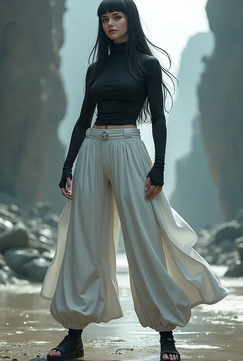 Create me a female character from the Naruto universe, She will be dressed in wide white pants and a black compression t-shirt.,she will be muscular with a cold air 