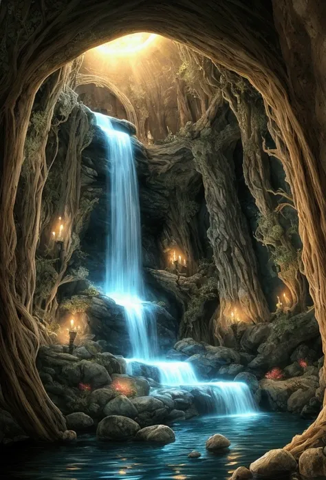 Grotto Room，（（（Full of crystals）））Dragons，Water flow，The light is very dark，Magik（（（Horror atmosphere）））（（（​masterpiece）））， （（best quality））， （（Intricate detailing））， （（surrealism））（8K）