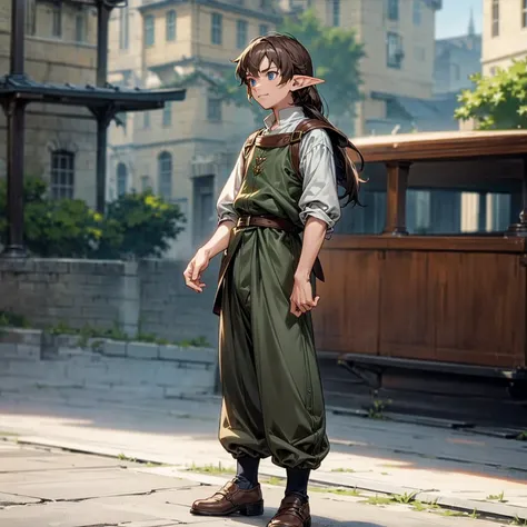 Solo character, full body version, young man, (elf), blue eyes, brown color hair, long hair, casual clothing, long pants, shoes, outdoor, town, medieval, standing gesture, detailed background, detailed clothing, detailed hair, happy, Makoto shinkai style a...