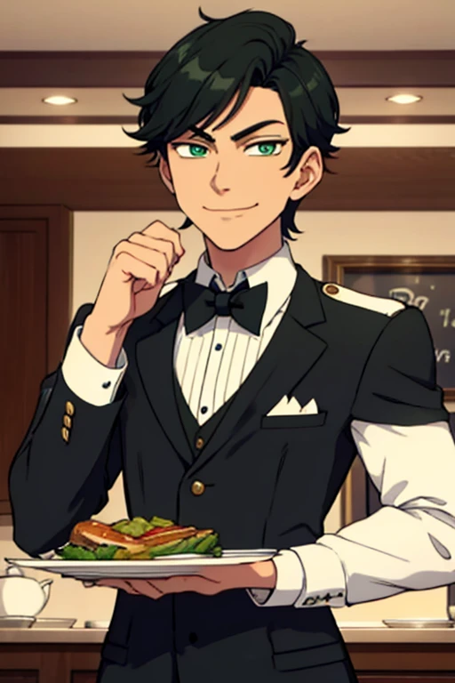 Perfect face. Perfect hands. A handsome black haired man with green eyes and short hair in a butlers uniform is smiling while serving dinner in a fancy butler cafe
