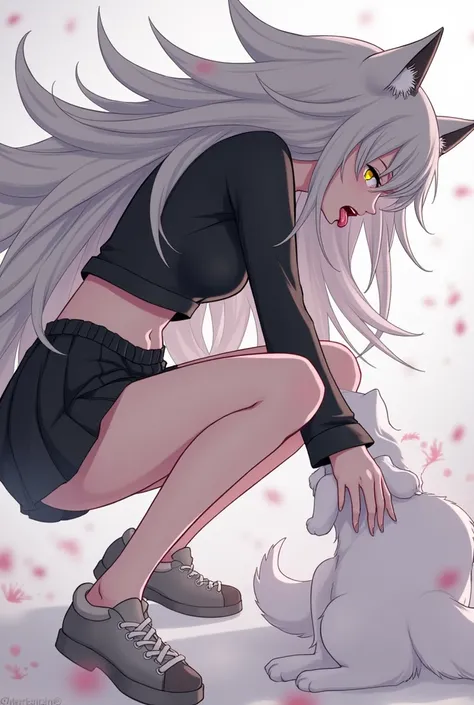 A female human wolf in anime form, with a short skirt, a short black blouse, licking the sharp teeth, with a white cat girl cleaning the wolf&#39;s feet