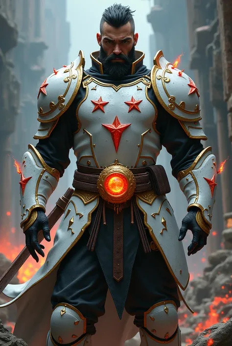 Male age 35, latin, beard, short black hair, blonde hair line, deep sight, white plate armor, armor breastplate with a pair four-pointed red stars, a gold belt buckle with fire crystal, black leotard, plate belt, plate wristband, armor boots with red flame...