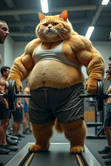 Here is a prompt for the above message:

"Generate an image of a 7-foot tall, overweight cat in a gym, wearing a tiny tank top and sweatpants, lifting heavy weights and running on a treadmill with determination, while surrounding gym-goers watch in shock a...