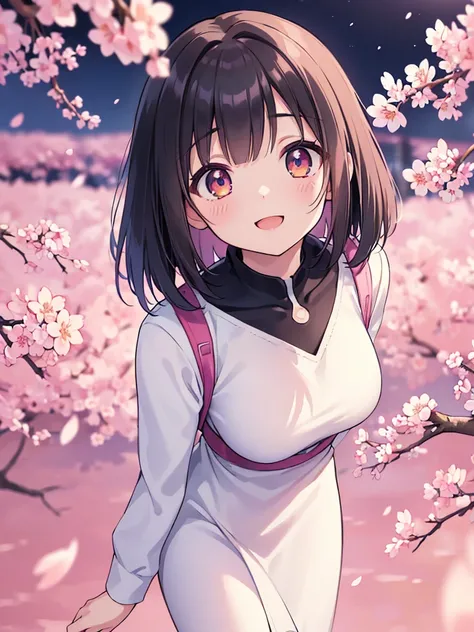 (((masterpiece, high quality, 16k resolution))), detailed, beautiful anime girl, large breasts, slender waist, pale skin, , black hair, bob cut, fine hair, simple clothing, white T-shirt, no accessories, ((walking in neon-lit night city)), spring season, c...