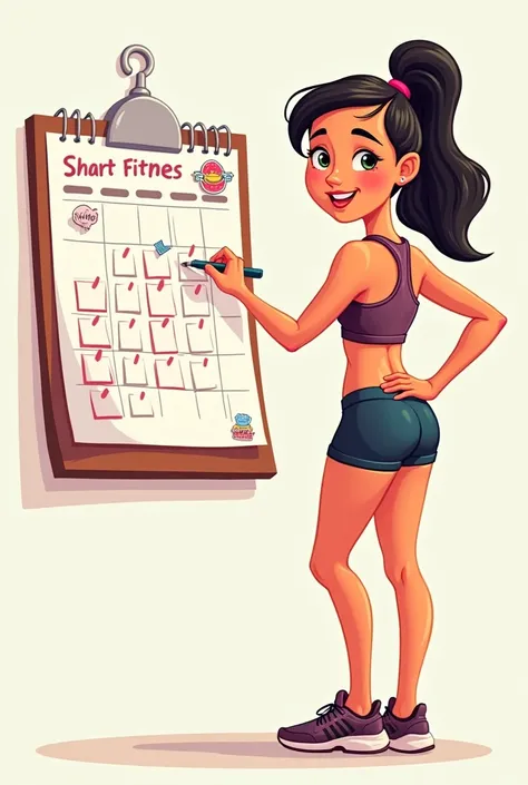 I want a cartoon woman, back in gym clothes, crossing off on a calendar the days she went to train 