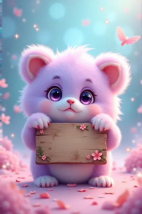 In this whimsical scene, a small, adorable creature stands upright, its paws wrapped around a rustic wooden sign adorned with delicate flowers and leaves. Its round face is tilted forward, exuding innocence and desperation as its big, expressive eyes spark...