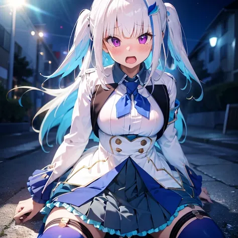 Highest quality,(Ahegao),blush, lh1, hair ornamnet, long hair, long sleeves, pleated skirt, blue thighhighs, 手链, frilled skirt, white jacket, white shirt, blue skirt, thigh strap, Dildo riding