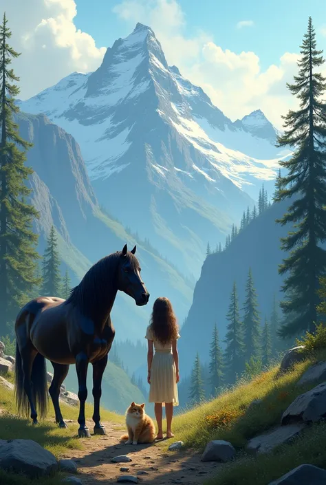 There is a big mountain where the world is silent and trees, one girl with a Persian cat and mustang black. 


