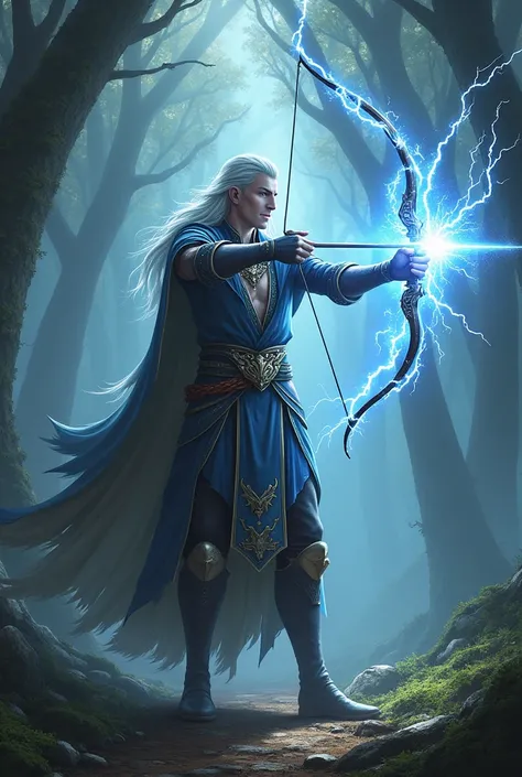 Role playing character, high elf male proficient in lightning-type arrow attack spells
