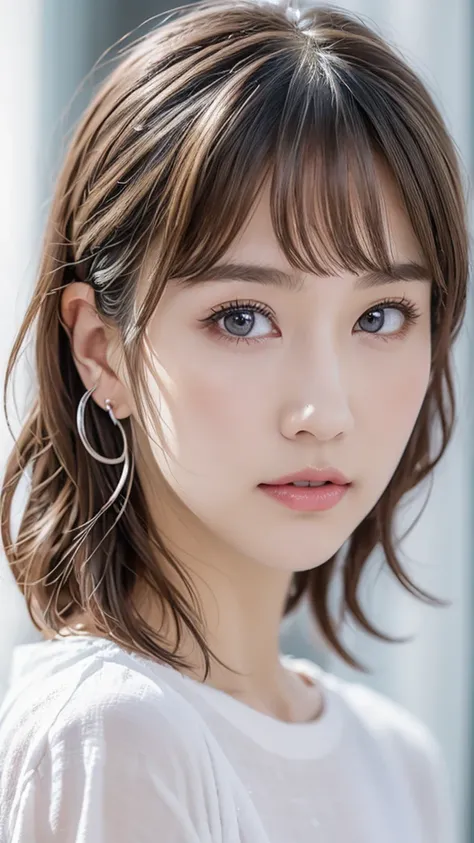 (best quality, masterpiece), 1girl, beautiful girl, brown_eyes, ((hair color [Silver hair], [pixie cut with bangs] hair)), earrings, lips, short sleeves,realistic, narrow waist, charming, colorful makeup, long eyelashes, fair skin, (cute), (detailed face),...