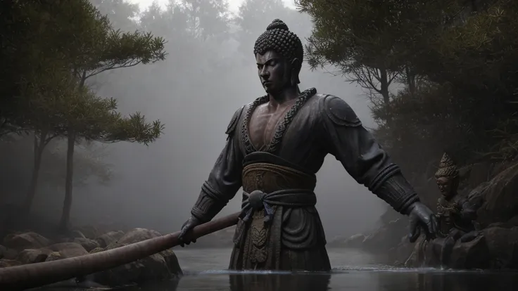 the huge buddha statue made of water is gazing at the very tiny wukong \(black myth\)，swinging the golden cudgel，jump up handsom...