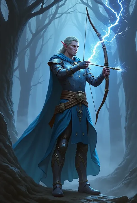 Role playing character, high elf male mastering lightning type arrow attack magic spells
