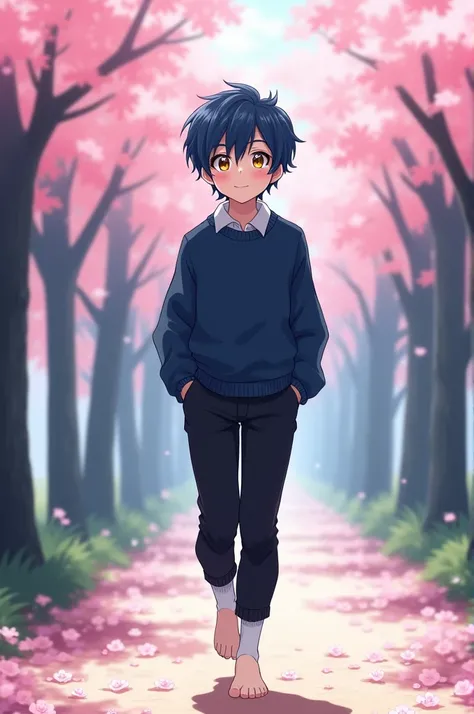 A boy with blue and black hair mixed with yellow eyes, a dark blue sweater, black pants and socks in a cute anime style walks by, standing and facing the camera with a big smile.,he doesn&#39;t wear shoes,the socks are white,the socks have no toes the bott...