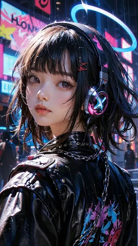 A realistic portrayal of a beautiful female ninja, around 1, with an athletic build and a confident, determined expression. She has light skin and short, slightly wavy black hair that reaches her chin. Both of her eyes glow with the distinct pattern of the...