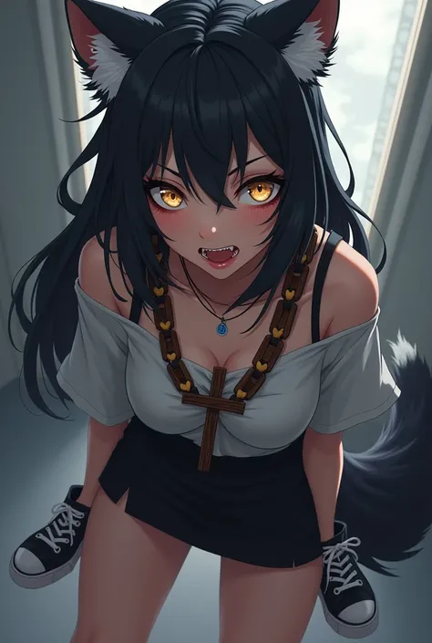 A female human wolf in anime form, with a short black skirt, a short black blouse, licking the sharp teeth, with a black sneaker, with a thick wooden cross chain, 