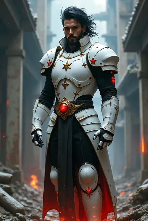 Male age 35, latin, elegant beard, black visual kei hair, sexy sight, white plate armor, armor breastplate with a pair four-pointed red stars, a gold belt buckle with fire crystal, black leotard, plate belt, plate wristband, armor boots with red flames, cy...