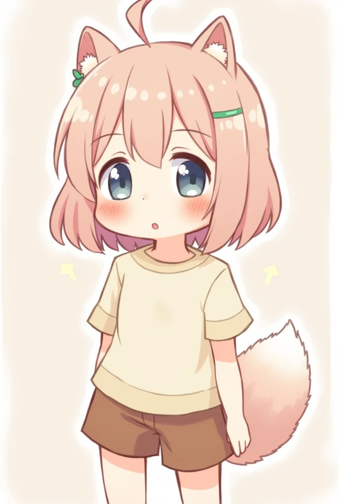 HuoHuo,girl 1,1 person,cute,、brown shorts、pale tail、fart、feel shy、 blush、