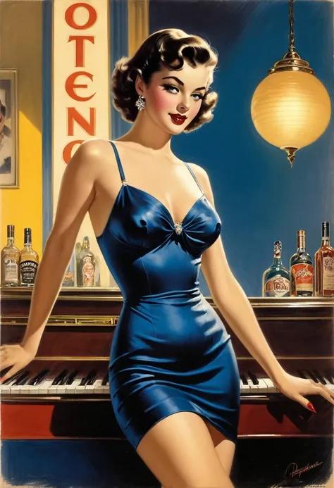 Rolf Armstrong, Margaret Brundage, Joseph Clement Coll Gil Ellvgren, Basil Gogos, Everett Raymond Kinstler, Mort Künstler., gritty, alabama bar, blue note, charismatic , wide eyes open, tiger skin mini dress, illustration, noir fantasy, lone lady, sad endi...