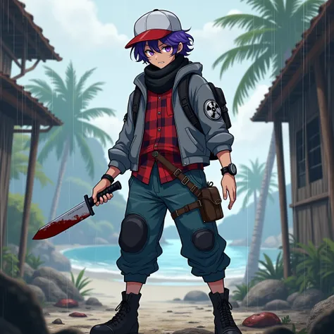 Anime Guy, slightly inflated,  2, purple eyes and purple curly hair, wears black boots, loose jeans, leather gloves, red checkered shirt, gray sweatshirt that is unbuttoned, there is a black backpack hanging on his back, in his right hand is a knife with a...