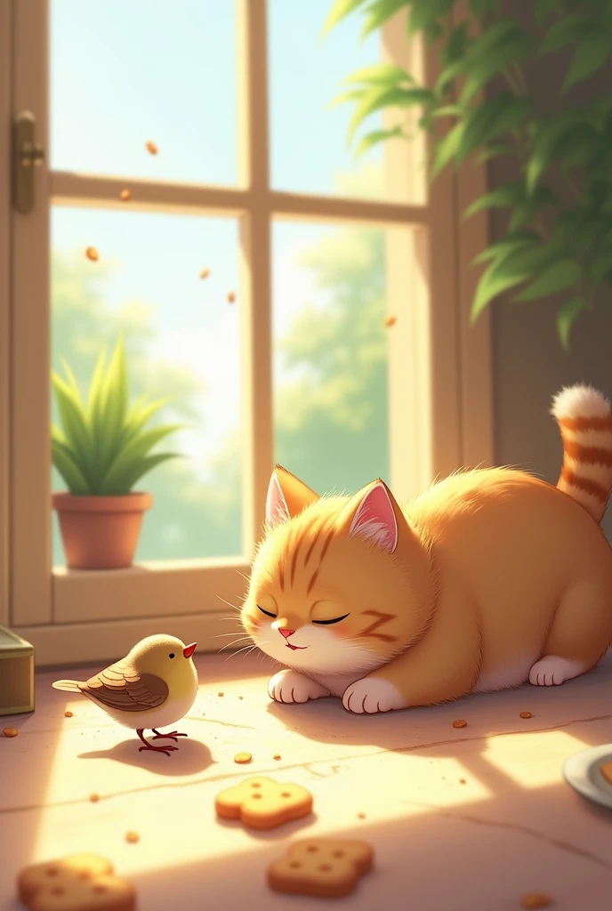 The little bird then saw Piko and, cleverly, fly closer. They looked at each other, Piko snores softly, while the bird chirps softly. As if understanding that they don&#39;t need to be enemies, the bird flew lower and started pecking at the bread crumbs ne...