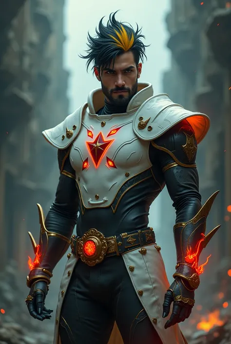 Male age 35, latin, elegant beard, short black visual kei hair, yellow hair part, sexy sight, white plate armor, armor breastplate with a pair four-pointed red stars, a gold belt buckle with fire crystal, black leotard, plate belt, plate wristband, armor b...