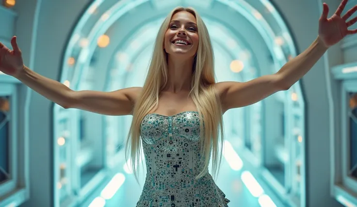 portrait, from face, a smiling singer, arms outstretched, full view of a 30 years old woman, very long blond hair, blue eyes, slim, she wears a futurist cream and blue dress made from a mix of printed circuit board alloy