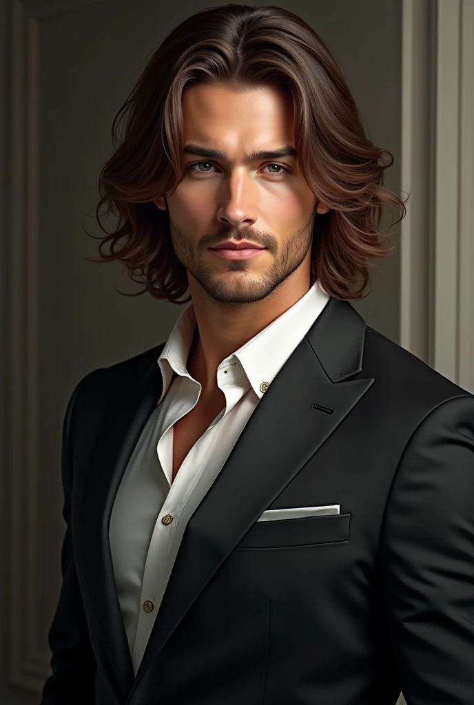 man in formal wear with long brown hair, with a captivating smile
