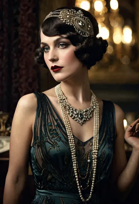 a beautiful woman in the weimar republic,1920s germany,decadent atmosphere,elegant dress,perfect makeup,chiaroscuro lighting,dramatic expression,high contrast,cinematic color palette,moody and atmospheric,intricate details,ornate jewelry,expressive eyes,de...