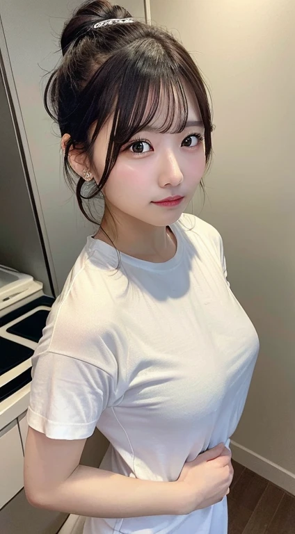 A woman in my room、(Kitchen_whiteTShirts:1.Wear 3)、4K、A high resolution、tmasterpiece、top-quality、((hasselblad photograph))、Fine skin、sharp focus、(lighting like a movie)、Soft lighting、overhead shot、[:(Detailed face:1.2):0.2]、small chest、sweat pouring down t...