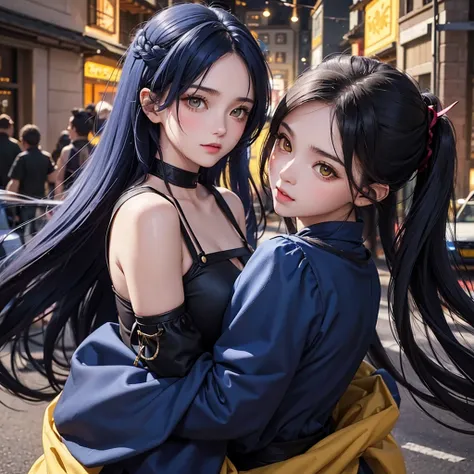 portrait, 1girl, young girl, cute girl, soft face, dark blue hair, anime hair, medium-long hair, yellow eyes, ninja, medieval, fantasy, RPG, car ears, at a medieval city, (best quality, masterpiece)