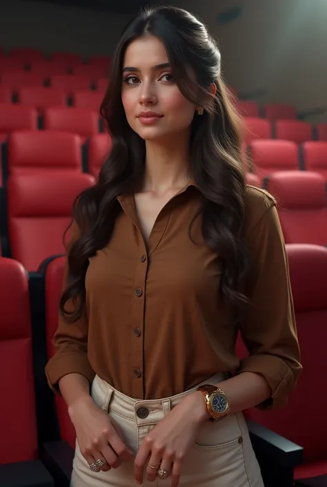 (photorealism:1.2), beautiful pakistani women wear brown shirt off white jeans pent wear watch in write hand brown ring massy hair bun stand in cinema  