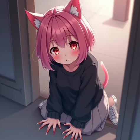 Girl, Pink Bob Hair, Red eyes, Black Sweater, Grey Skirt, White Sneakers, Cat ears, short claws, anime