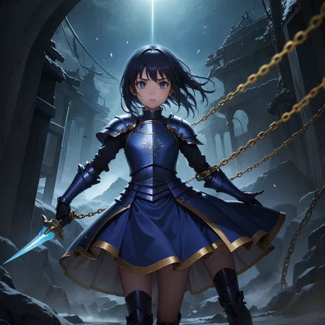 最high quality、high quality、simple blue cloth armor、１０year-old girl adventurer、equipped with a weapon that has a short chain at t...