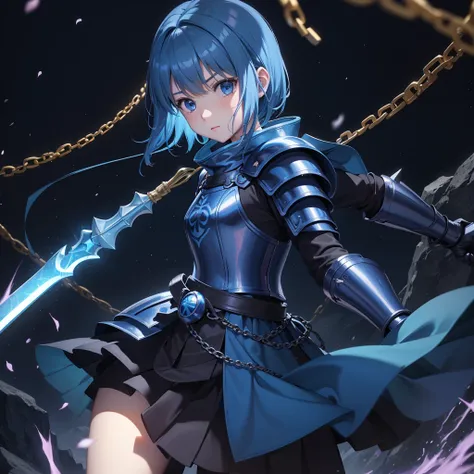 最high quality、high quality、Simple blue cloth armor、１０Year-old girl adventurer、Equipped with a weapon that has a short chain at the end of a stick and a spiked iron ball at the end of the chain、In a dark maze、