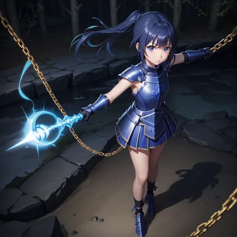 最high quality、high quality、Simple blue cloth armor、１０Year-old girl adventurer、Equipped with a weapon that has a short chain at the end of a stick and a spiked iron ball at the end of the chain、In a dark maze、