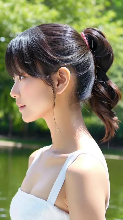 Beautiful Japan Woman、slender、masterpiece、High resolution、Realistic、ponytail、Stylish white dress、Shoulders out、Natural skin texture