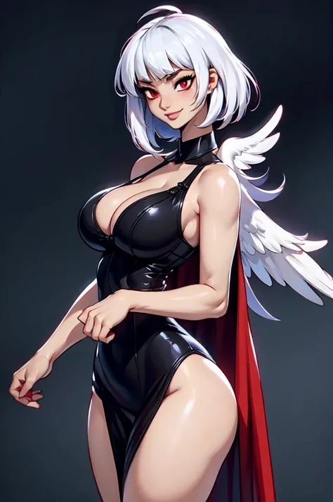 an angel with dark skin, white wings, black dress with a small neckline, red eyes, black cape, long straight white hair, baby bangs.  Sexy pose, moody color palette, volumetric light effects