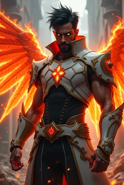 Male age 35, latin, elegant beard, short black visual kei hair, yellow hair part, glowing fire eyes, angel fire wings, flying, fire aureola, white plate armor, armor breastplate with a pair four-pointed red stars, a gold belt buckle with fire crystal, blac...