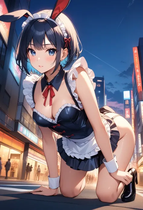 (Beautiful sunset just before the sun sets at the shinjuku) ((girl)) , (keeps her head low, crawls on all fours and sticks out her butt) Emphasizing her tail, open and sexy A sexy expression, emphasizing the cleavage, (wearing a shiny maid costume and bunn...