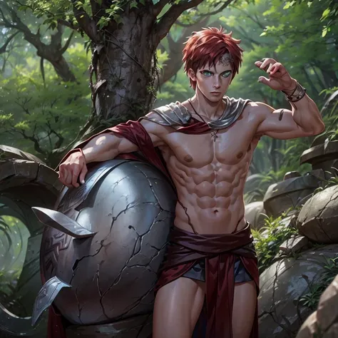 Shirtless, 1boy, ((younger)) , armor (prompt 1.5), warrior, Ancient Greece handsome, Greek model, blonde boy, Sabaku no Gaara, green eyes, red hair, symmetrical, focus on the boy, medium shot, looking at the camera, film grain, young god greek, beauty, pos...