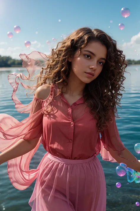 create an image of a young woman with curly brown hair wearing a flowing, translucent pink blouse. she is surrounded by floating...