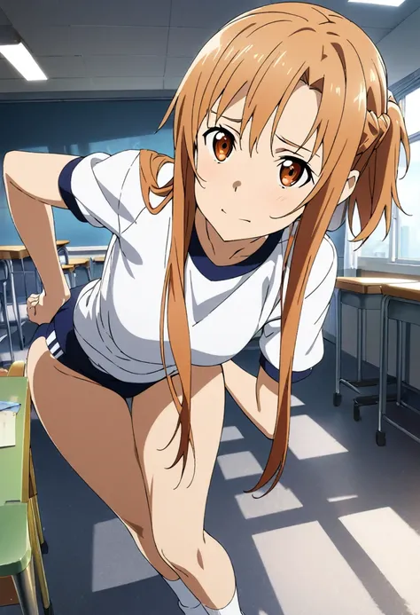 1girl, asuna (sao), sword art online,full body,((Sexy)),stick out butt,gym uniform, gym shirts, white t-shirts, ((buruma)),class room,masterpiece, best quality, absurdres,