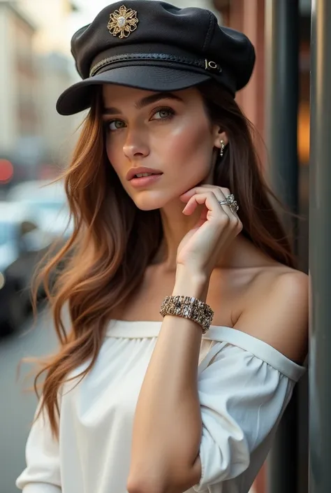 Hot girl white top breslet stylish cap.
