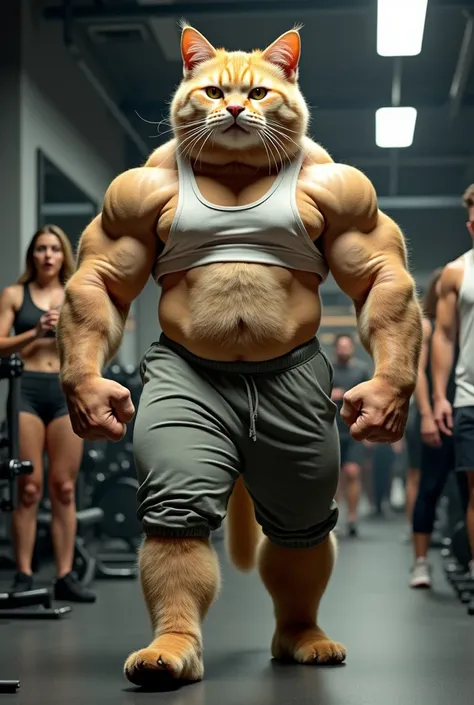 Here is a prompt for the above message:

"Generate an image of a 7-foot tall, overweight cat in a gym, wearing a tiny tank top and sweatpants, lifting heavy weights and running on a treadmill with determination, while surrounding gym-goers watch in shock a...