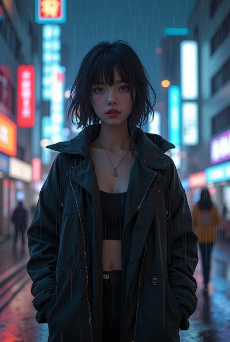 8K, RAW photos, best quality, masterpiece:1.2),(Practical, photo-Practical:1.37),Tokyo Street,night, rain, wet,city View,night, Cyberpunk City,Soft Light,1 Girl,, Extremely beautiful face,Break,Hands down,Random Hairstyle,Random hair color,Random Expressio...