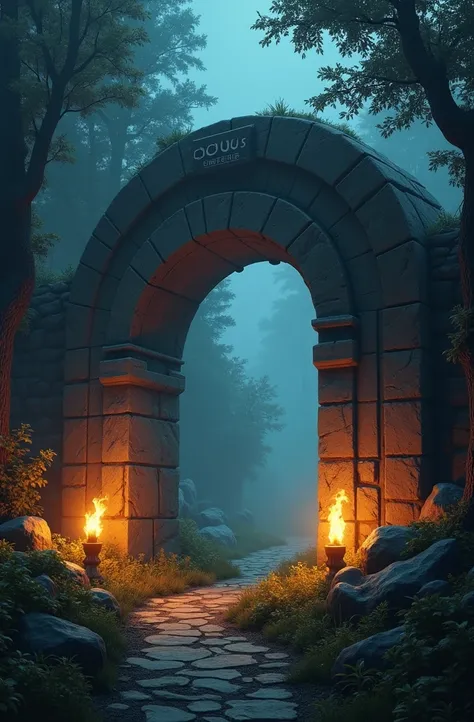 RPG game scenario with torches and a large portal where you can read the word "Soul Gamer". The day is clear and there are plants along the path.