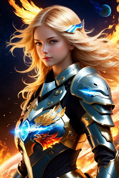 Stunning masterpiece, 16K, best quality, illustration, Planet Earth, water, fire, wind, space, 1 girl, blond hair, Beautiful mecha, Shining Armor, Eagle Helmet, Pretty Face,